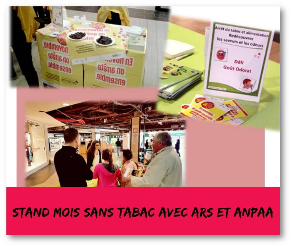 photo d'un stand avec l'ARS et l'ANPAA sur la thématique "le mois sans tabac"